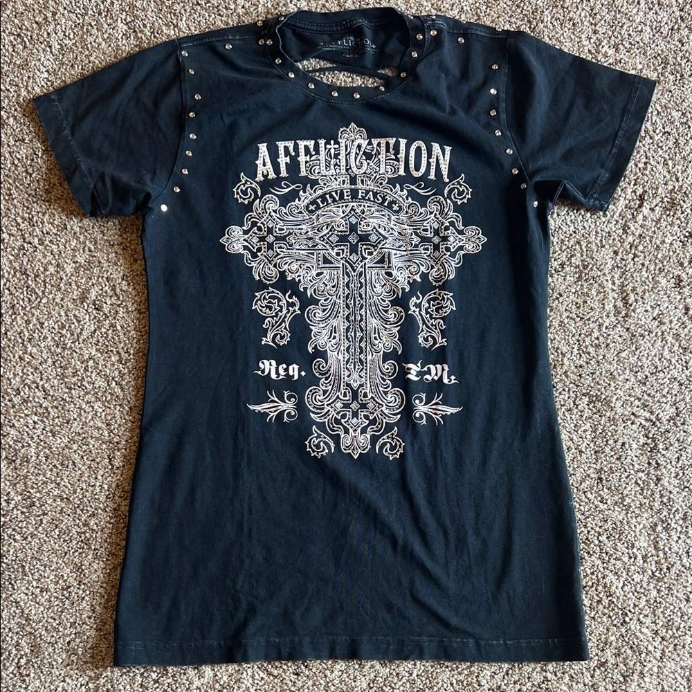 Women’s Affliction Black Graphic Tee Rhinestones Bling